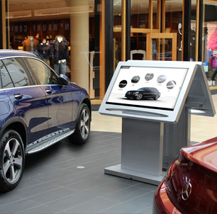ViewPoint touchscreen kiosks and Mercedes-Benz cars in mall